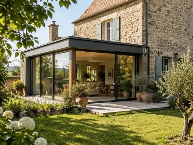Extension vitrée ajoutée à une maison en pierre