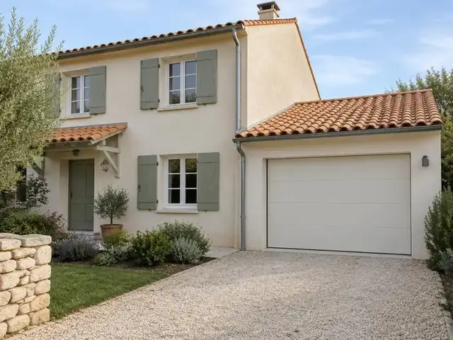 Garage accolé à une maison en enduit clair
