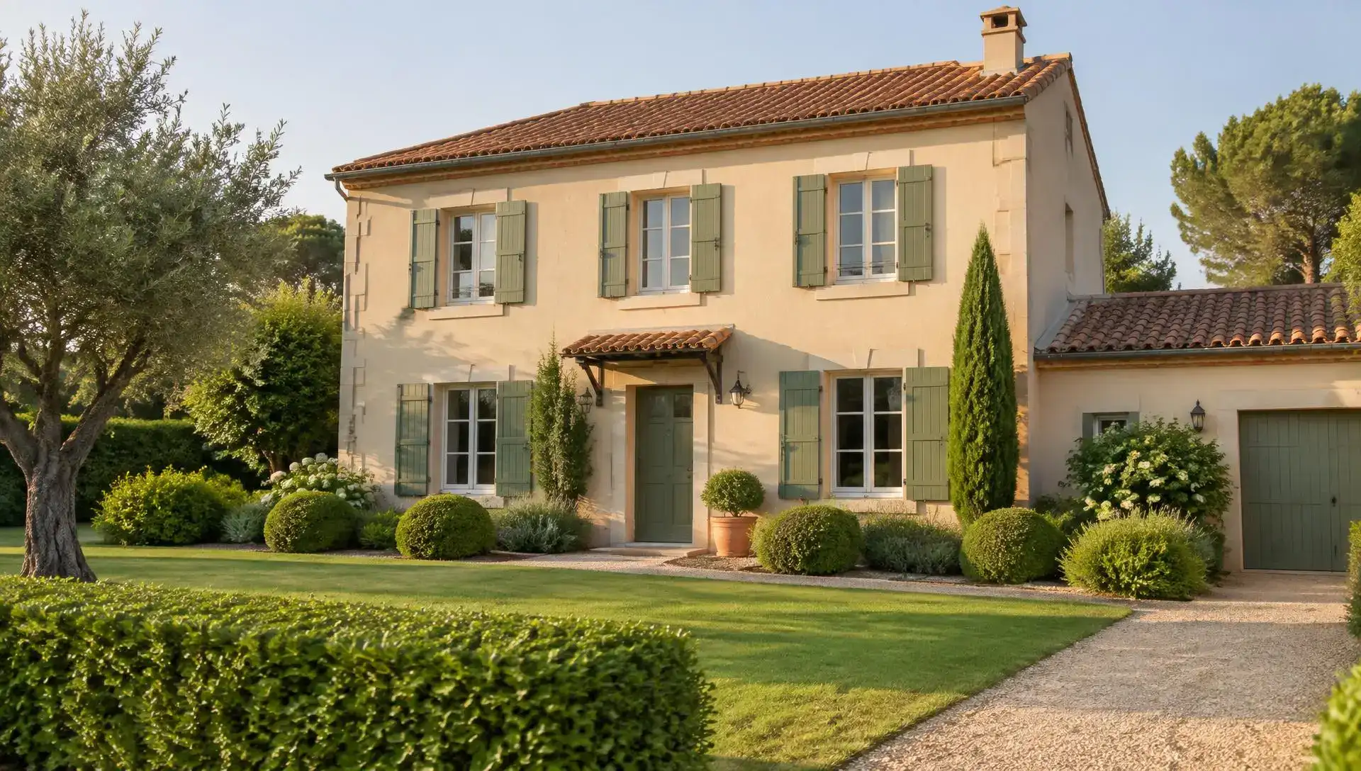 Maison en enduit clair avec volets verts et toit de tuiles, devant un jardin taillé